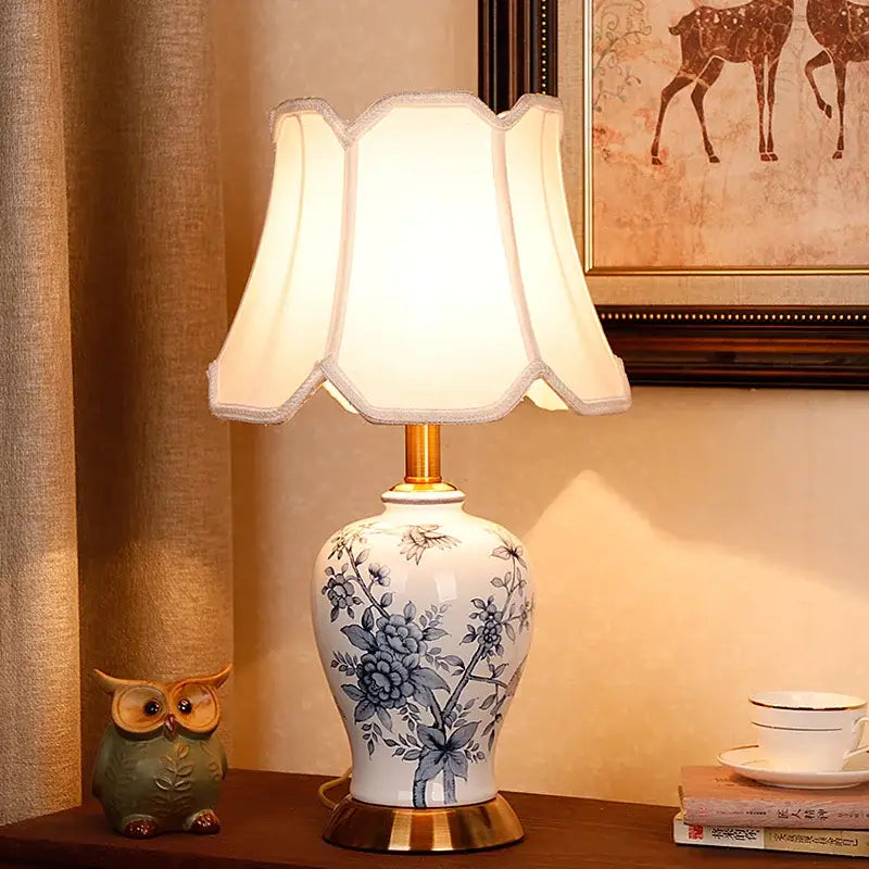 Vintage blue & white porcelain table lamp bedroom floral ceramic light