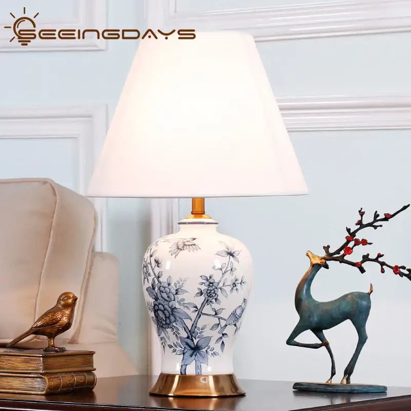 Vintage blue & white porcelain table lamp bedroom floral ceramic light