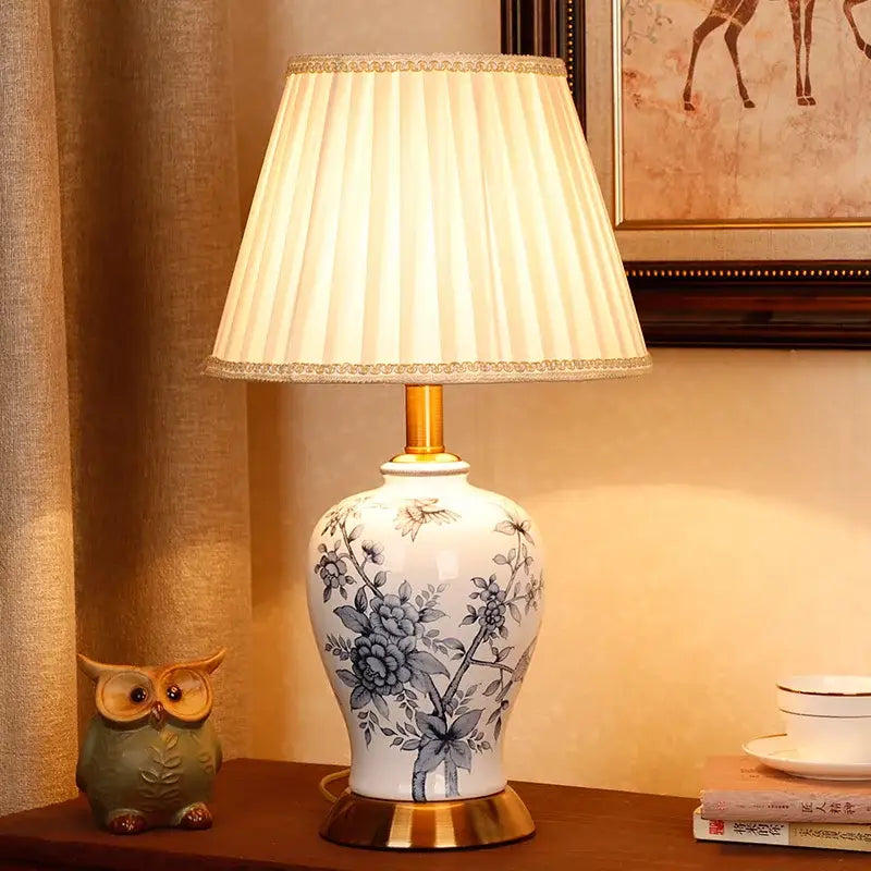 Vintage blue & white porcelain table lamp bedroom floral ceramic light