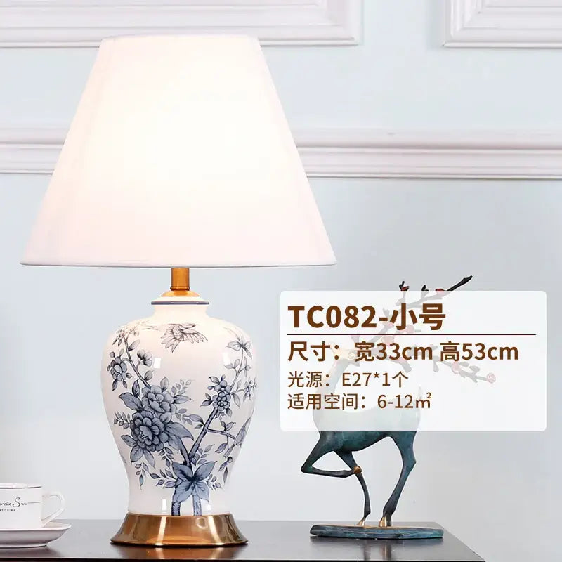 Vintage blue & white porcelain table lamp bedroom floral ceramic light