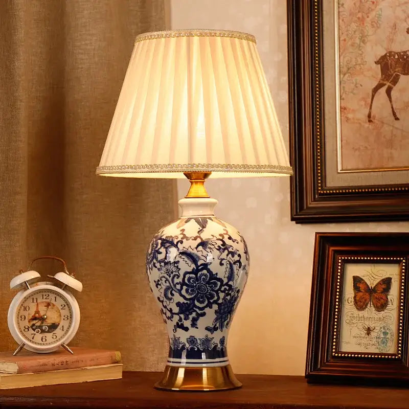 Vintage blue & white porcelain table lamp bedroom floral ceramic light