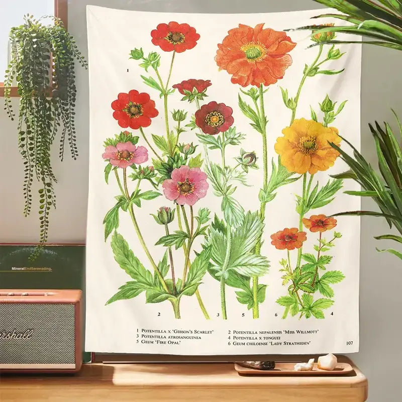 Vintage botanical flower print tapestry bedroom wall hanging