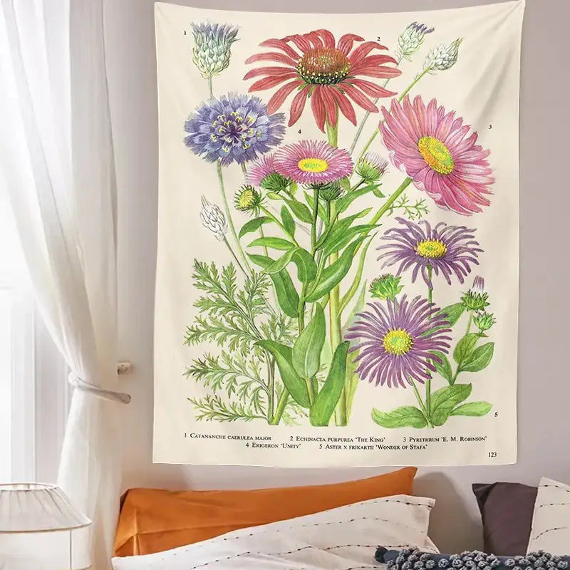 Vintage botanical flower print tapestry bedroom wall hanging