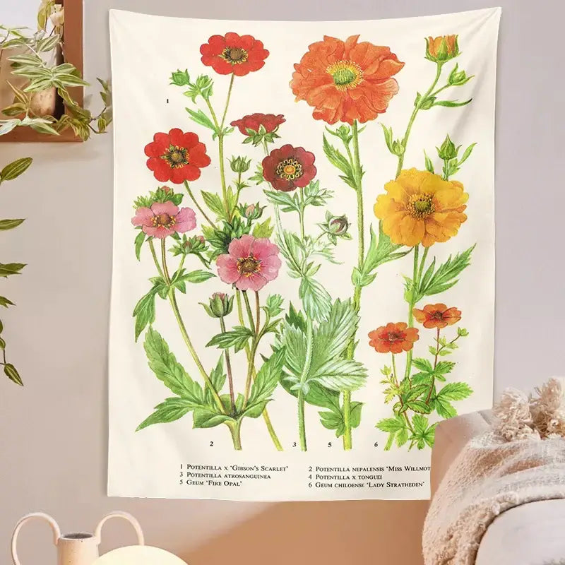 Vintage botanical flower print tapestry bedroom wall hanging