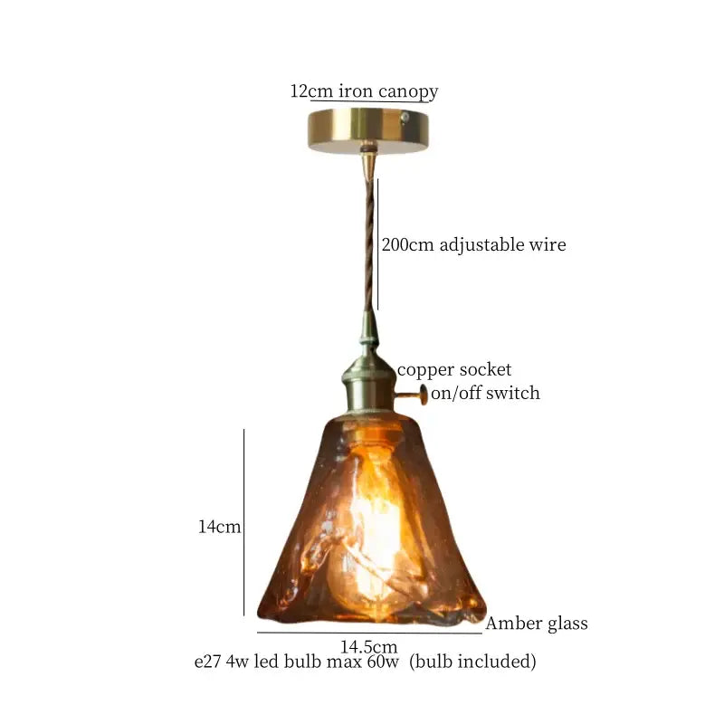 Vintage brass amber glass pendant light for kitchen island
