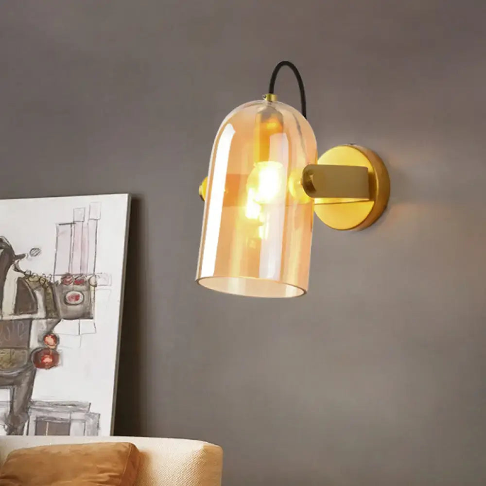 Vintage brass amber & smoke glass cloche bedside sconce bedroom