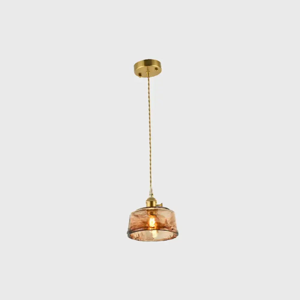 Vintage brass and amber glass shaded drop pendant – living room light