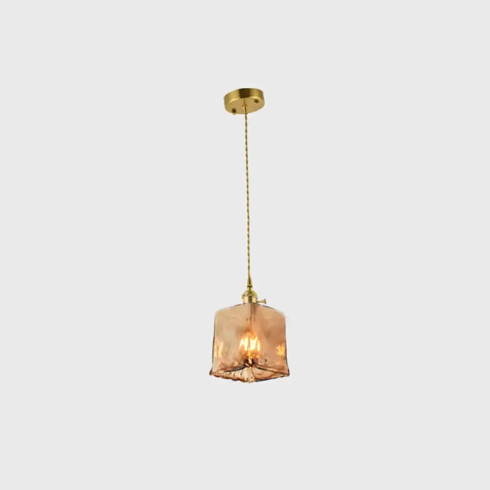 Vintage brass and amber glass shaded drop pendant – living room light