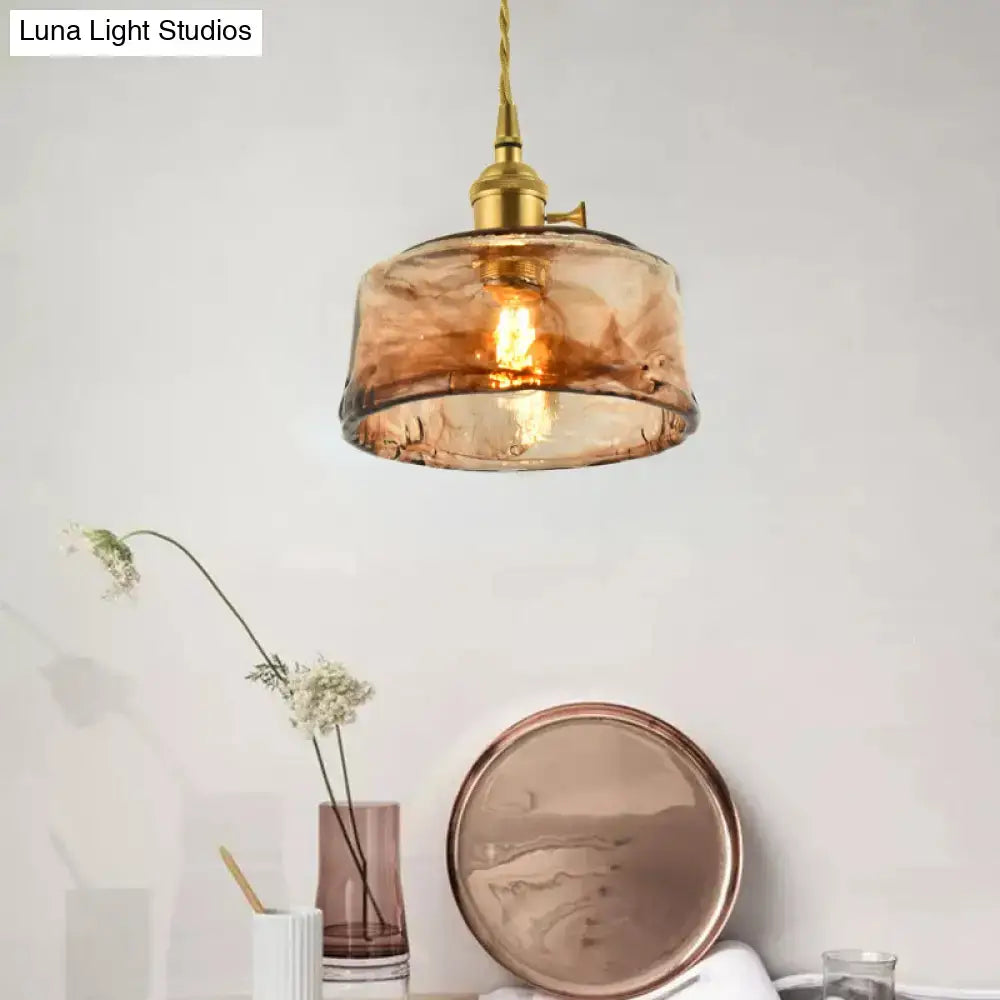 Vintage brass and amber glass shaded drop pendant – living room light