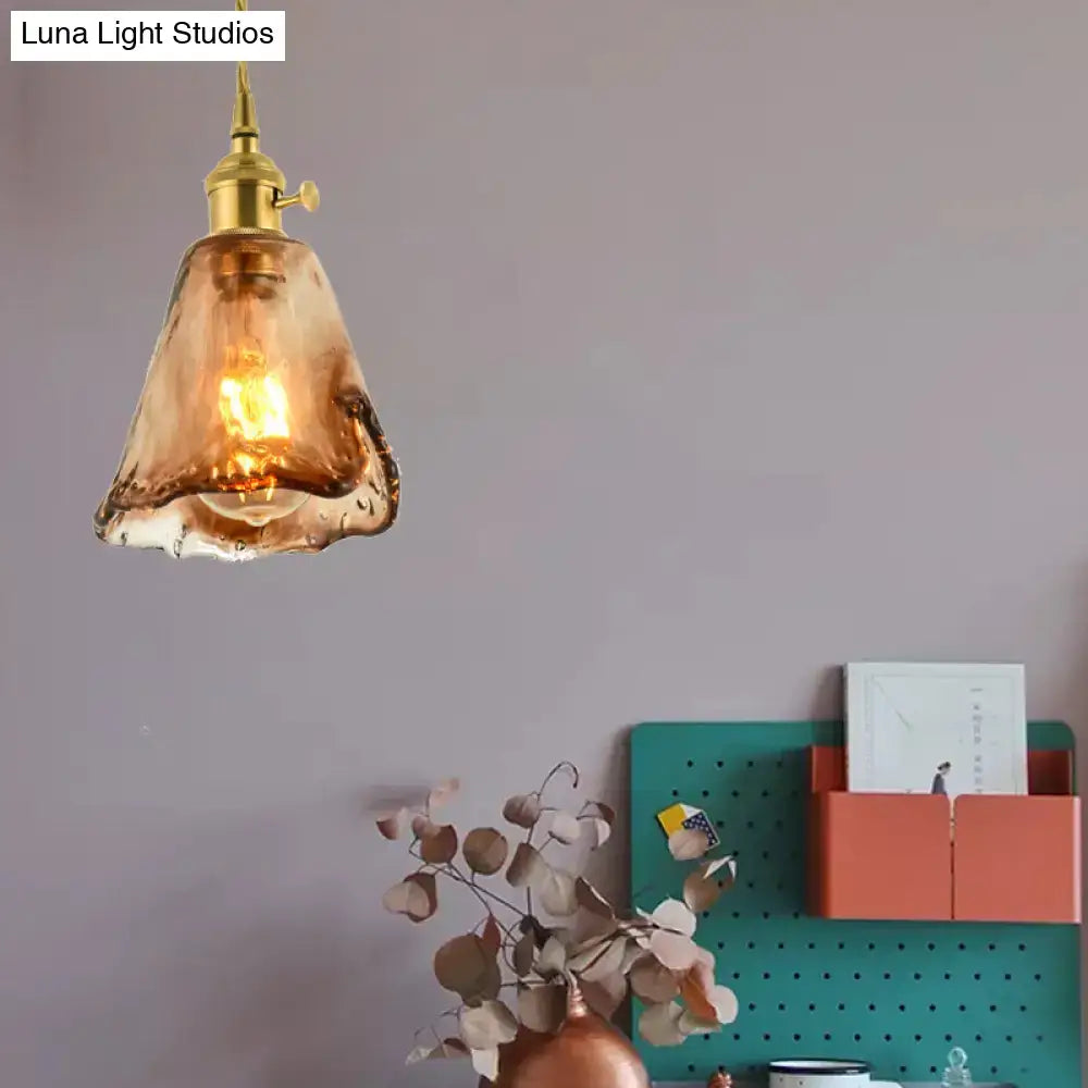 Vintage brass and amber glass shaded drop pendant – living room light