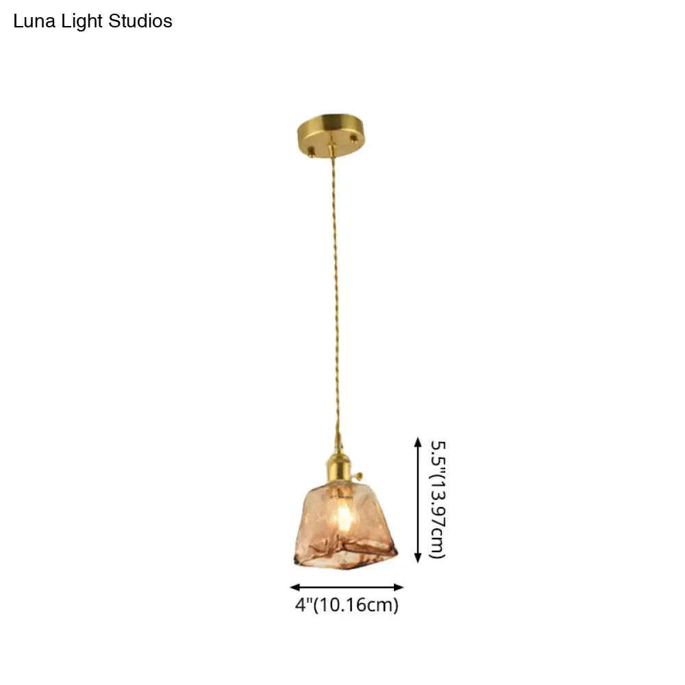 Vintage brass and amber glass shaded drop pendant – living room light