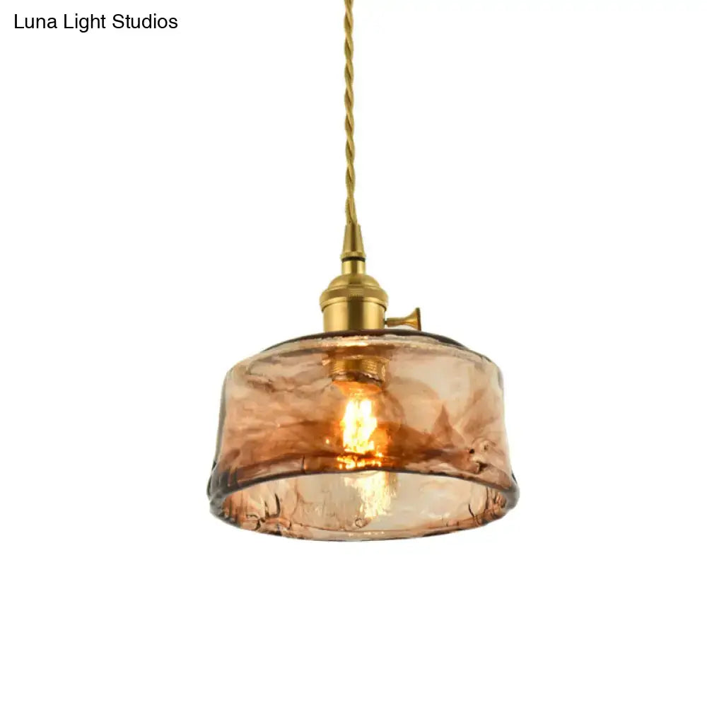 Vintage brass and amber glass shaded drop pendant – living room light