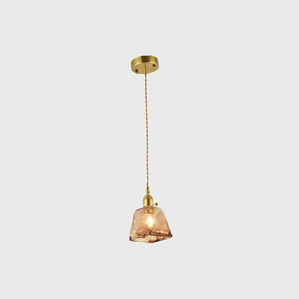 Vintage brass and amber glass shaded drop pendant – living room light