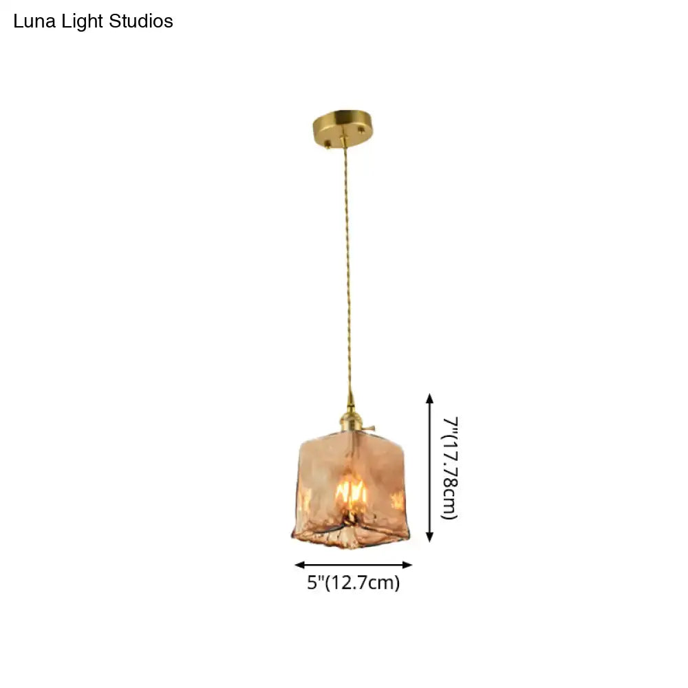 Vintage brass and amber glass shaded drop pendant – living room light