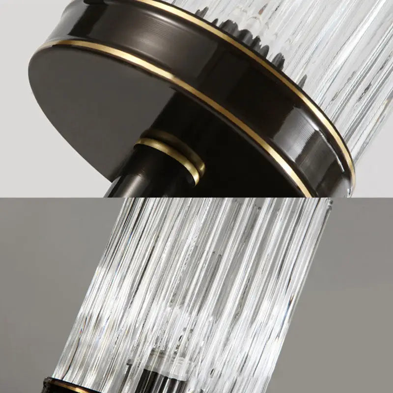 Vintage brass and black clear ribbed glass cylinder wall lamp bedroom