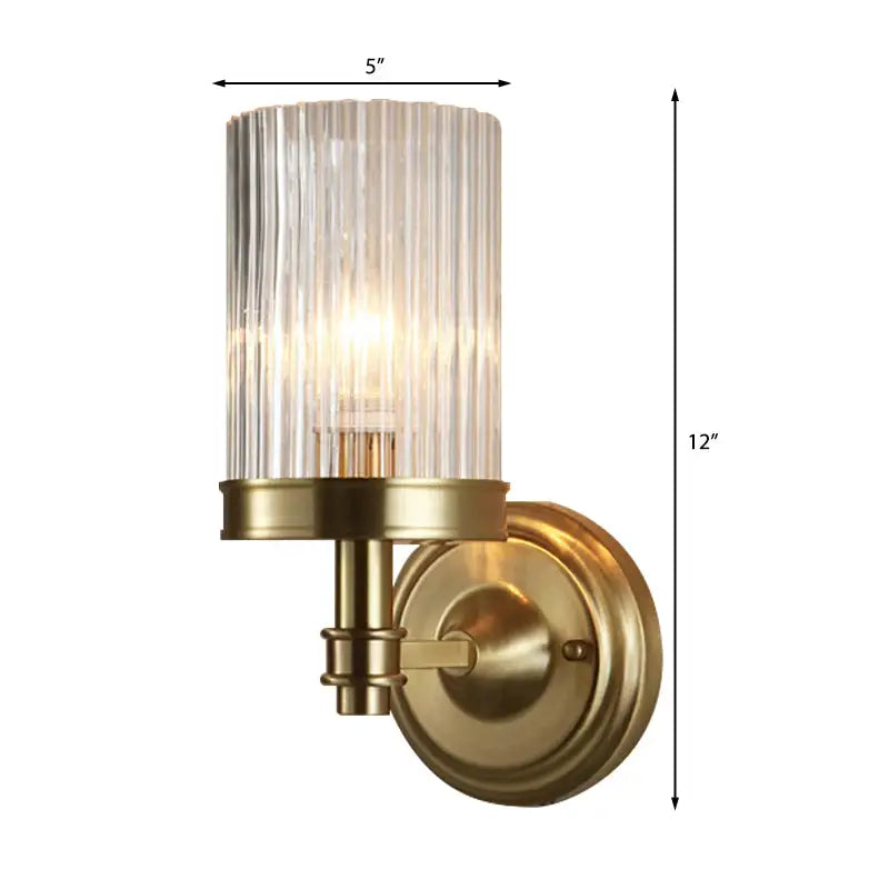 Vintage brass and black clear ribbed glass cylinder wall lamp bedroom