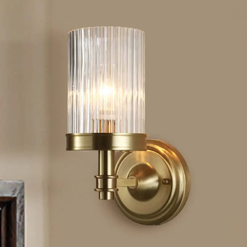 Vintage brass and black clear ribbed glass cylinder wall lamp bedroom