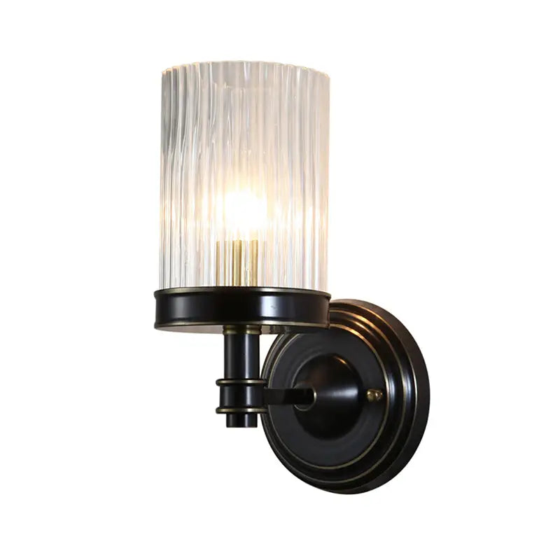 Vintage brass and black clear ribbed glass cylinder wall lamp bedroom