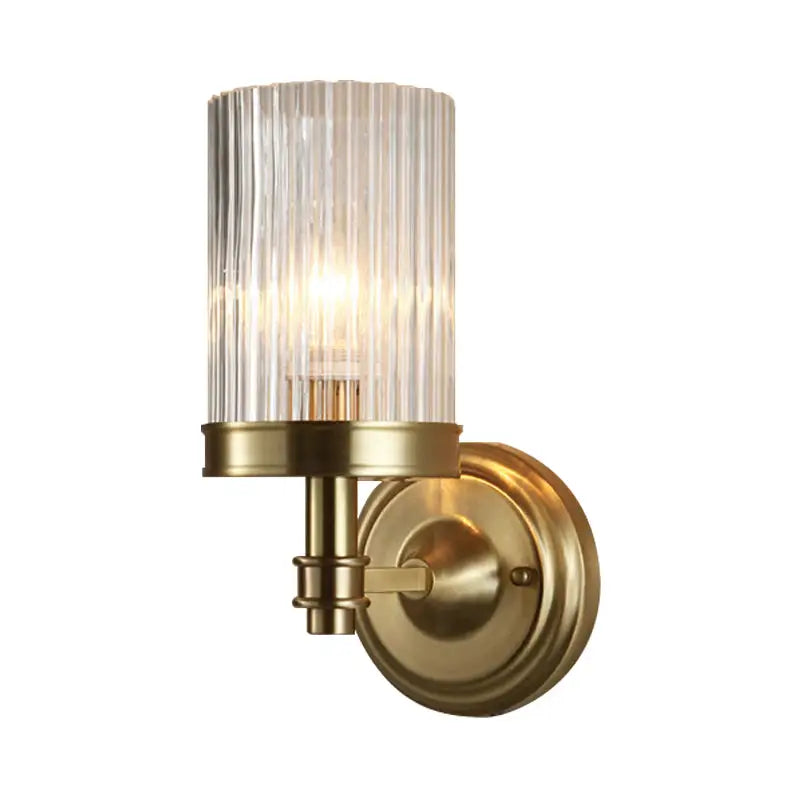 Vintage brass and black clear ribbed glass cylinder wall lamp bedroom