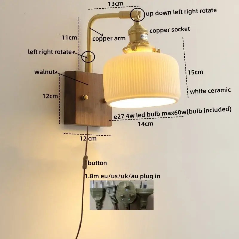 Vintage brass and ceramic led wall lights bedroom pull chain sconce