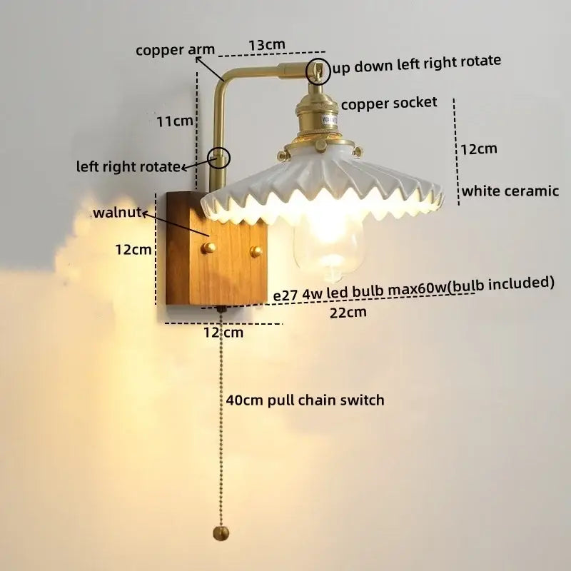 Vintage brass and ceramic led wall lights bedroom pull chain sconce