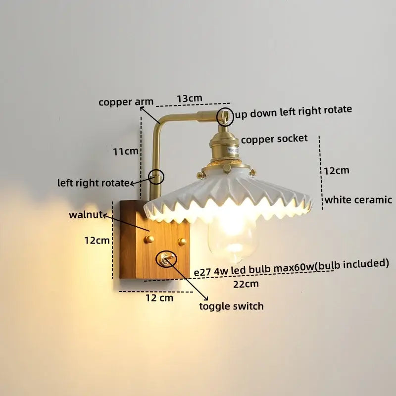 Vintage brass and ceramic led wall lights bedroom pull chain sconce
