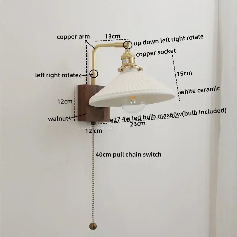 Vintage brass and ceramic led wall lights bedroom pull chain sconce