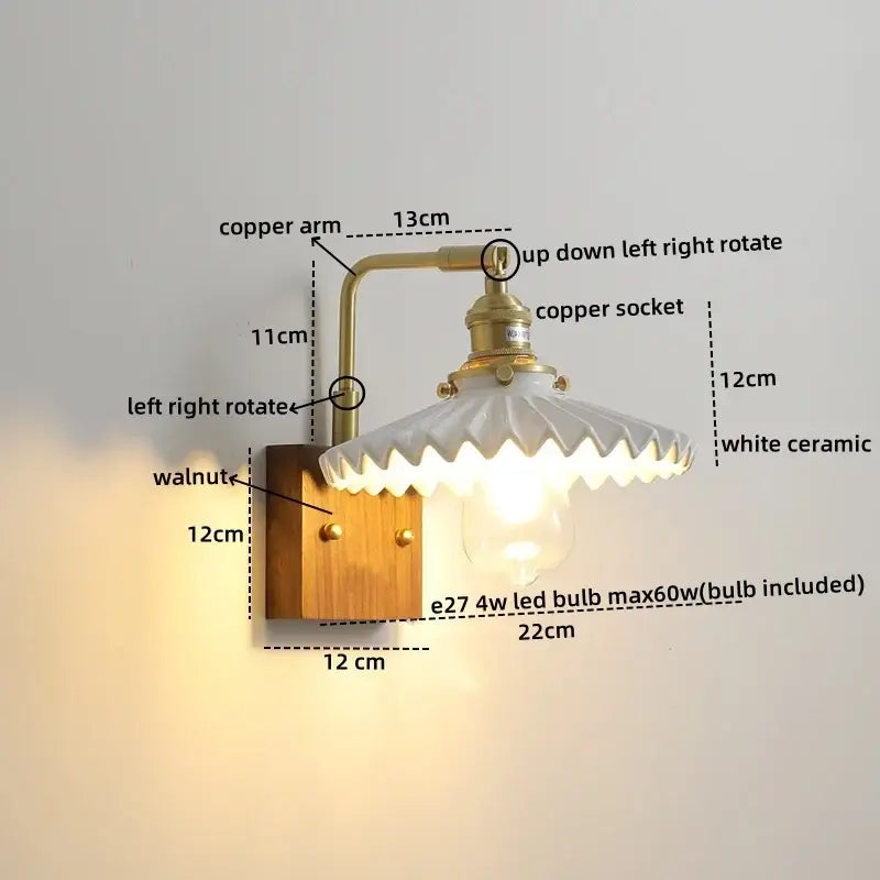 Vintage brass and ceramic led wall lights bedroom pull chain sconce