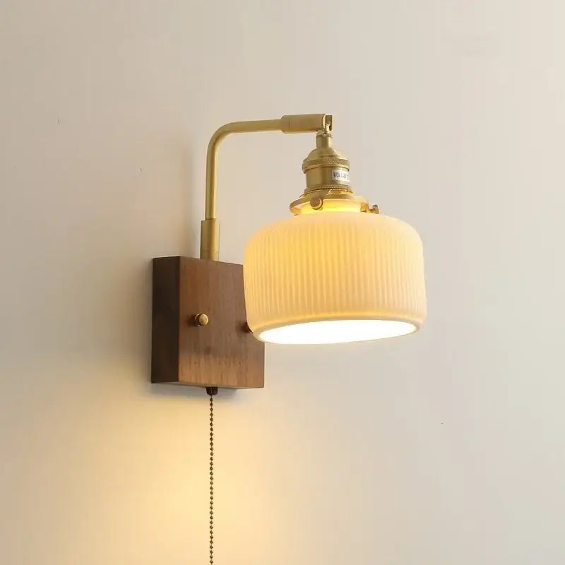 Vintage brass and ceramic led wall lights bedroom pull chain sconce