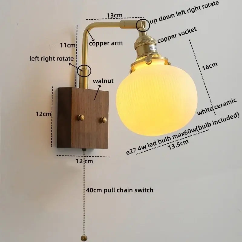 Vintage brass and ceramic led wall lights bedroom pull chain sconce