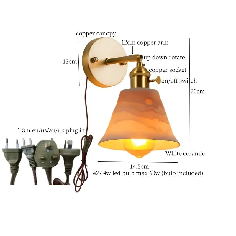 Vintage brass and frosted glass wall sconce – bedroom ceramic led wall