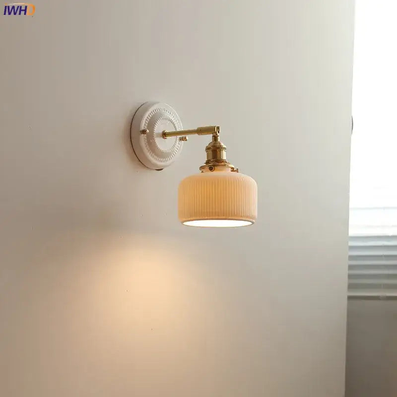 Vintage brass and ribbed glass led wall light bedroom sconce