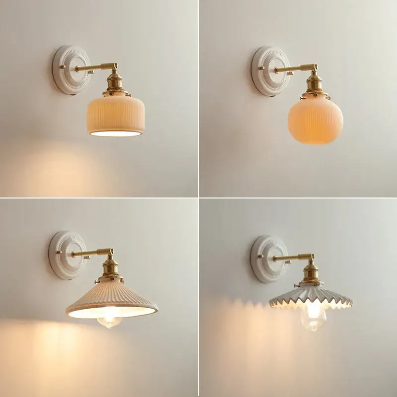 Vintage brass and ribbed glass led wall light bedroom sconce