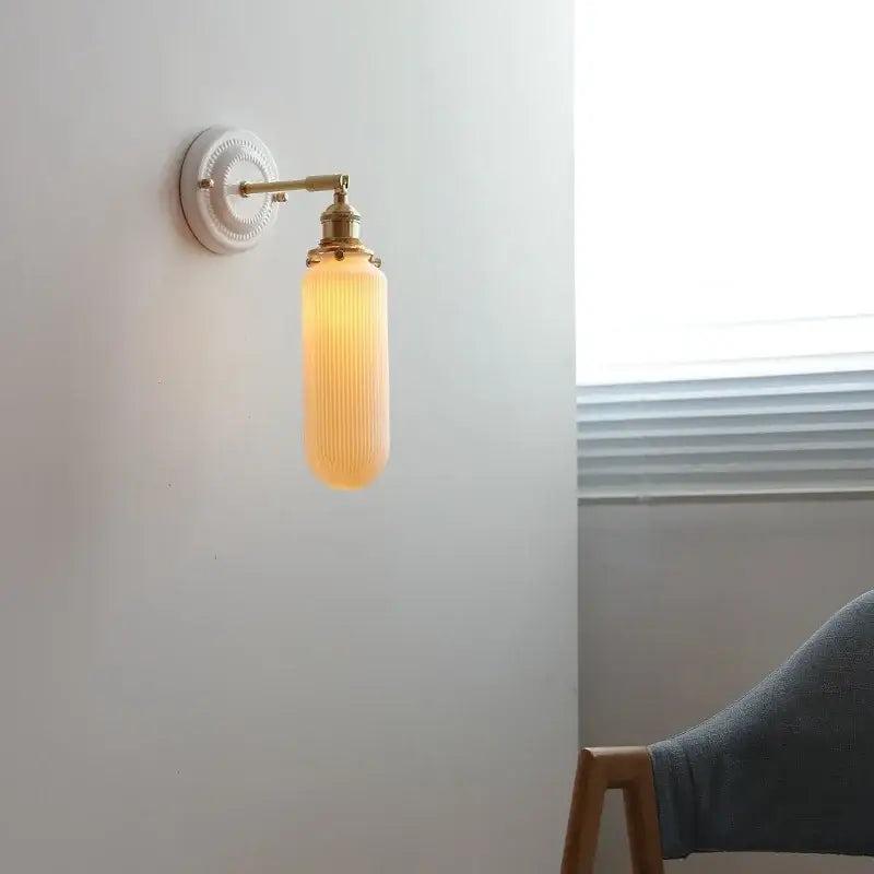 Vintage brass and ribbed glass led wall light bedroom sconce