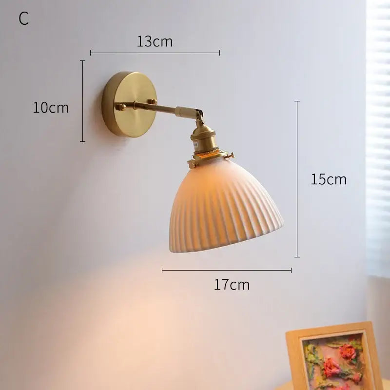 Vintage brass and ribbed glass led wall light bedroom sconce