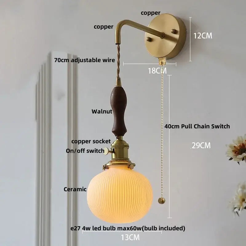 Vintage brass ceramic knob wall lights bedroom ribbed glass sconce