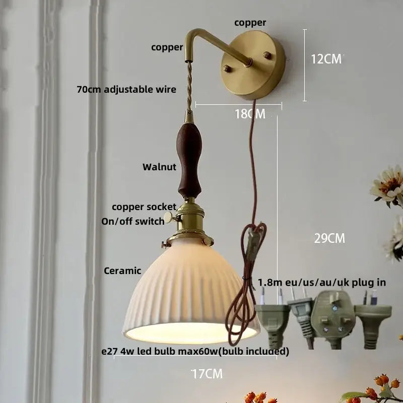 Vintage brass ceramic knob wall lights bedroom ribbed glass sconce