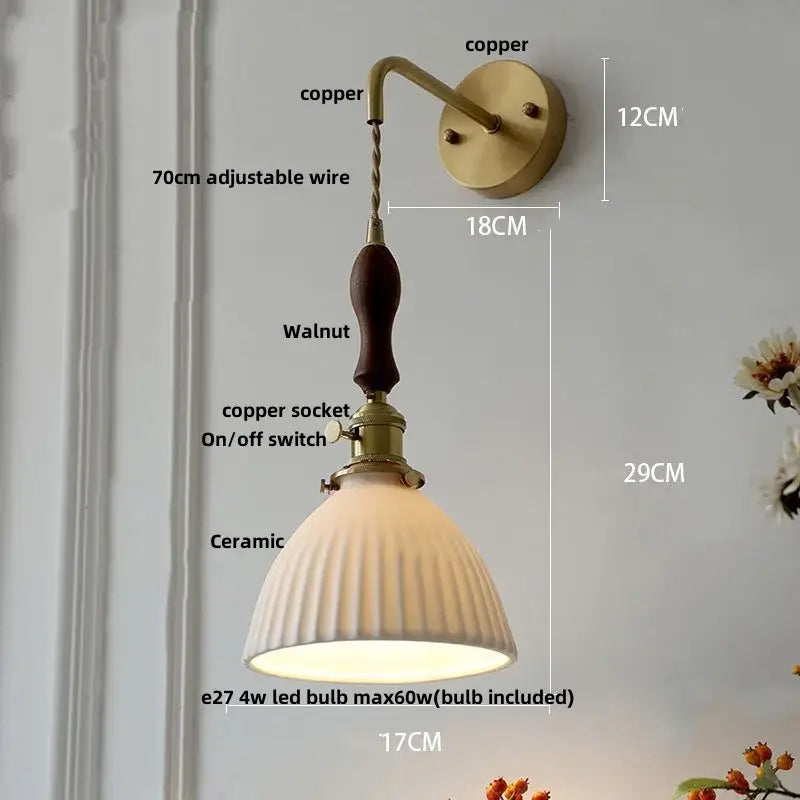 Vintage brass ceramic knob wall lights bedroom ribbed glass sconce
