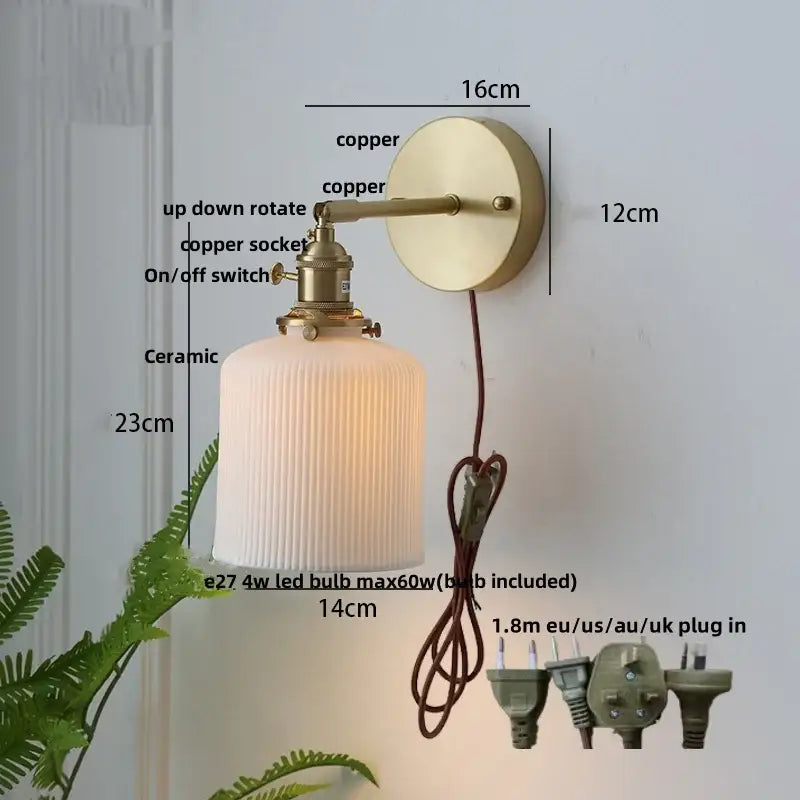 Vintage brass ceramic knob wall lights bedroom ribbed glass sconce