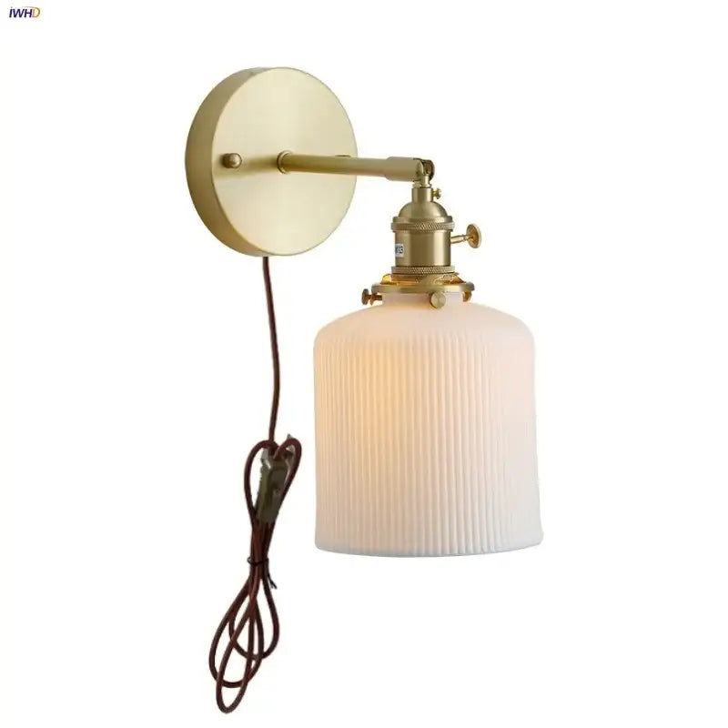 Vintage brass ceramic knob wall lights bedroom ribbed glass sconce