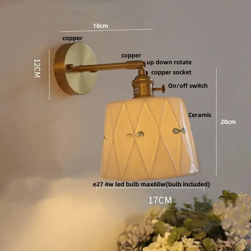 Vintage brass ceramic knob wall lights bedroom ribbed glass sconce