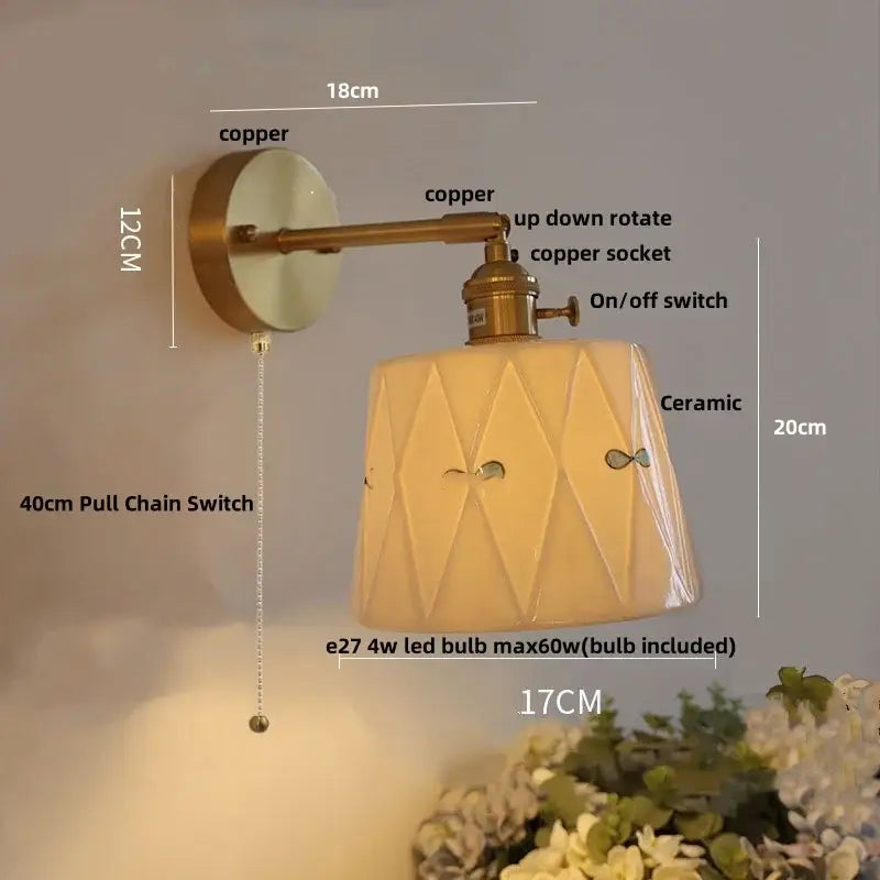 Vintage brass ceramic knob wall lights bedroom ribbed glass sconce