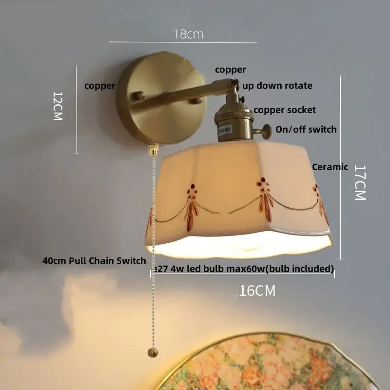 Vintage brass ceramic knob wall lights bedroom ribbed glass sconce