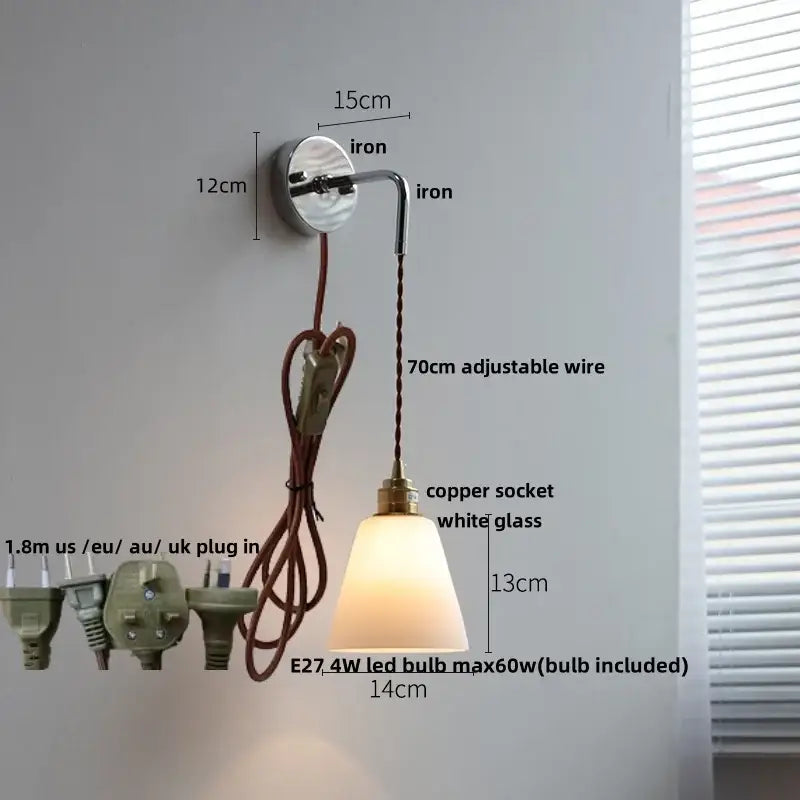 Vintage brass ceramic led wall lamp bedroom ribbed glass sconce