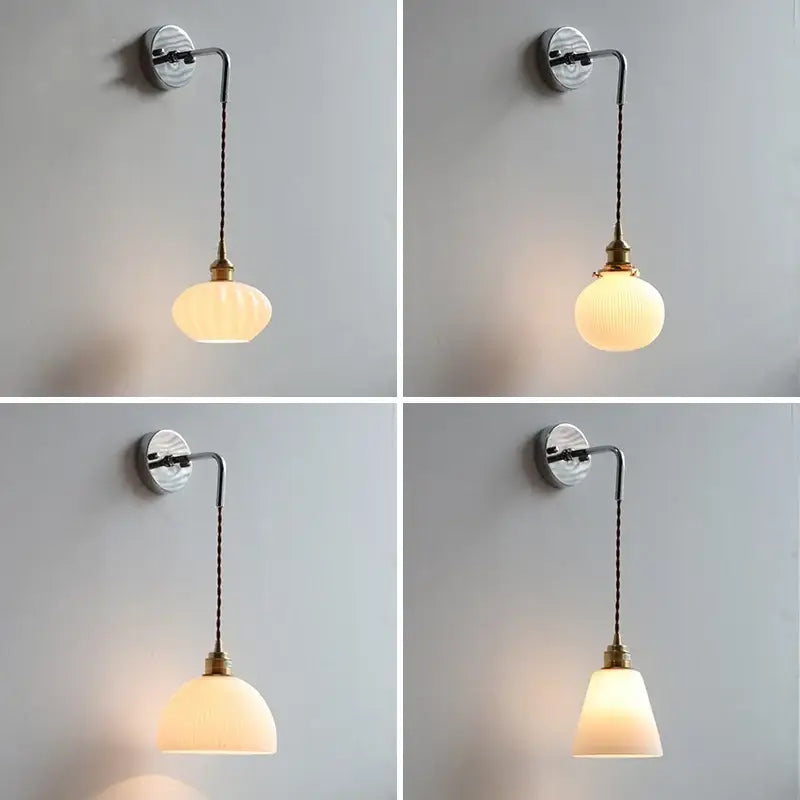 Vintage brass ceramic led wall lamp bedroom ribbed glass sconce