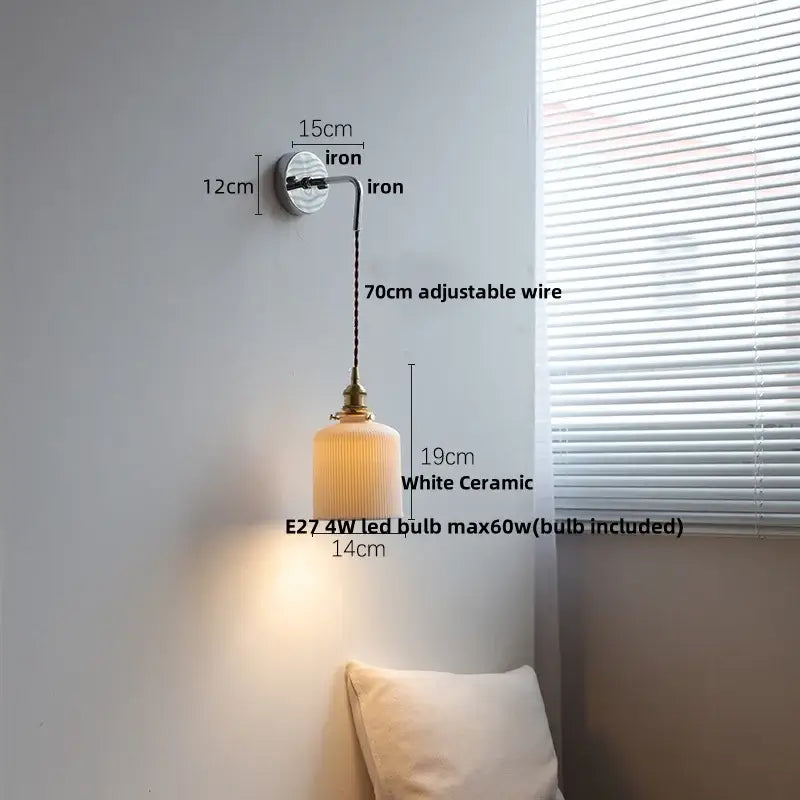 Vintage brass ceramic led wall lamp bedroom ribbed glass sconce