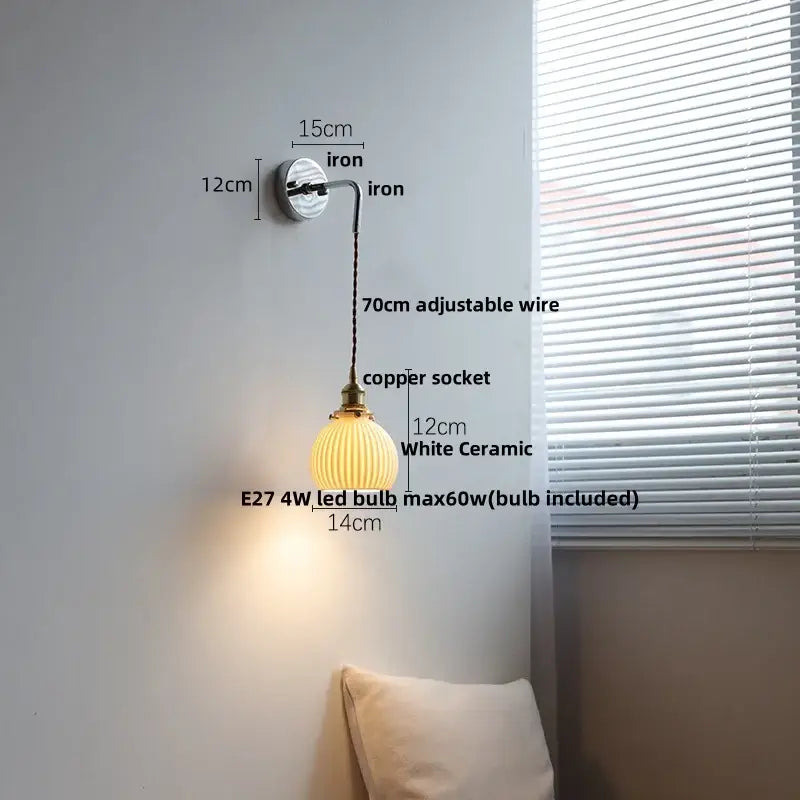 Vintage brass ceramic led wall lamp bedroom ribbed glass sconce