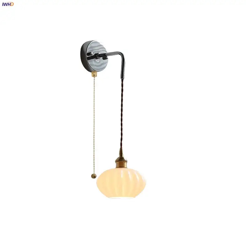 Vintage brass ceramic led wall lamp bedroom ribbed glass sconce