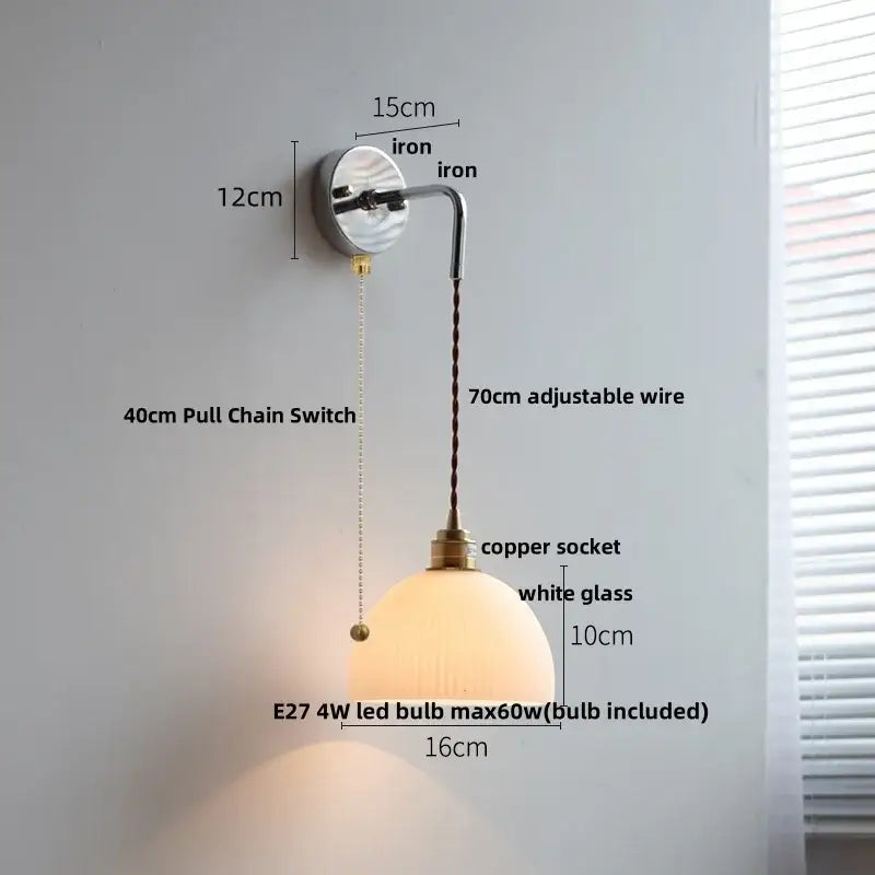 Vintage brass ceramic led wall lamp bedroom ribbed glass sconce