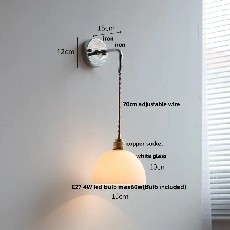 Vintage brass ceramic led wall lamp bedroom ribbed glass sconce